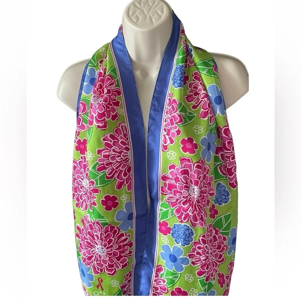 Lilly Pulitzer 100% Silk Ford Floral Scarf Blue Pink Cancer Awareness Versatile